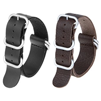 2pc 22mm Nato Ss Leather Strap Black , Brown Leather Replacement Watch Strap with silver clasp