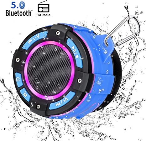 2020 Upgrade Shower Speaker with FM Radio, KKUYI IPX7 Wireless Waterproof Bluetooth Speaker with Super Bass HD Sound, 7 Colorful Light Show, Suction Cup, for Bathroom, Beach, Pool, Bike, Outdoor Home