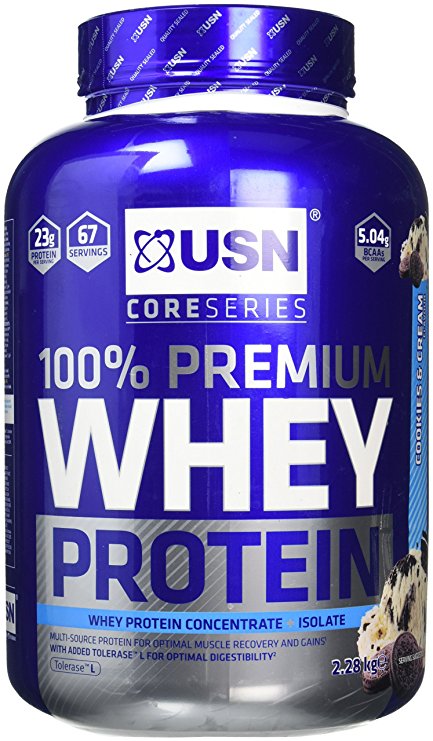 USN 100 Percent Premium Whey Protein Shake Powder, 2.28 kg, Cookies/Cream