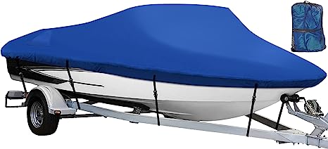 NEXCOVER Trailerable Boat Cover, Length: 14’-16’ Beam Width: up to 90”, Waterproof Heavy Duty Cover, Fits V-Hull, TRI-Hull, Runabout, Pro-Style, Bass Boat, Storage Bag & Tightening Straps Included.