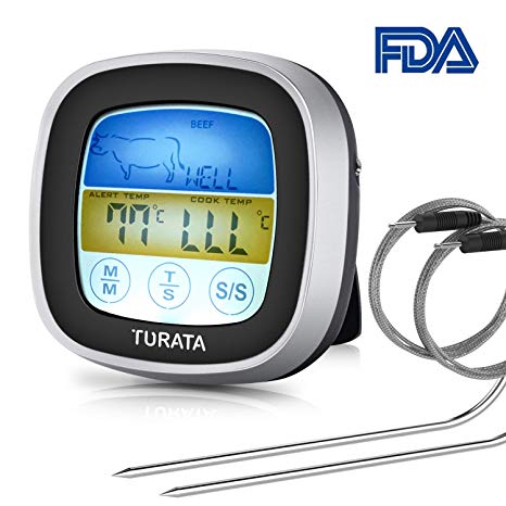 Food Thermometers, TURATA Meat Thermometer Touchscreen Digital Cooking Thermometer Dual Probe Kitchen Thermometers for BBQ, Cooking, Baking