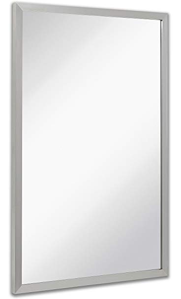 Commercial Restroom Rectangular Wall Mirror | Contemporary Industrial Strength | Brushed Metal Silver Rectangle Mirrored Glass | Vanity, Bedroom or Restroom Horizontal & Vertical (24" x 36")