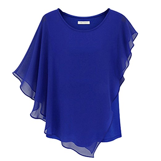 2015 New Style Women's Sexy Womens Casual T-shirt Short Sleeve Chiffon Tops Crew Neck Loose Blouse Girl's Casual Bat Sleeve Dress (L, Blue)