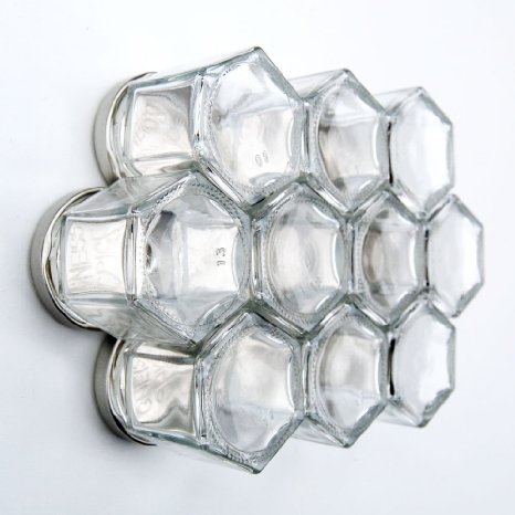 Gneiss Spice DIY Magnetic Spice Rack for Your Fridge Hexagonal Glass Jars with Clear Labels Hanging Spice Rack 10 Jars Silver Lids