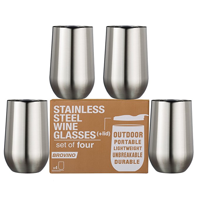 Stainless Steel Wine Glasses with Lid - Set of 4 - 17 oz Double Walled Insulated Outdoor Wine Tumblers - 100% Unbreakable & Stemless - Drinkware Set for: Wine, Coffee, Water & Other Beverages