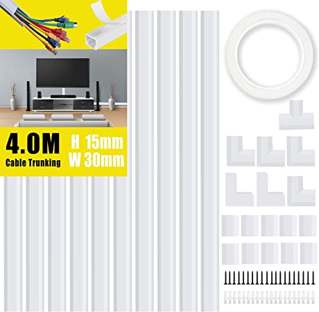 KOOLPUG Cable Tidy White Tubes, Longer Cable Channel, Self Adhesive Wire Trunking Kit, Wire Tidy for Wall, White Trunking for TV Cables, Perfect Cable Management Trunking for Under Desk Office (4.0m)