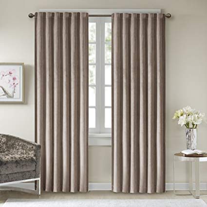 Comfort Spaces Poly Velvet Window Curtain Pair 4pc set - Taupe - 50x95 Inch Panel - Energy Efficient Saving - Curtain Rod Pocket - Include 2 Panels and 2 Tiebacks