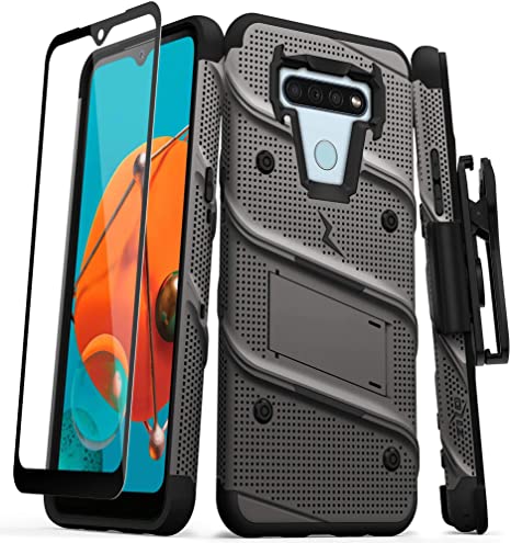 ZIZO Bolt Series for LG K51 / LG Reflect Case with Screen Protector Kickstand Holster Lanyard - Gun Metal Gray & Black