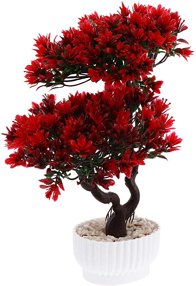 DOITOOL Artificial Bonsai Tree in Pot Faux Potted Pine Plants Plastic Fake House Plants Zen Desktop Greenery Decor for Indoor Home Office Decor Red