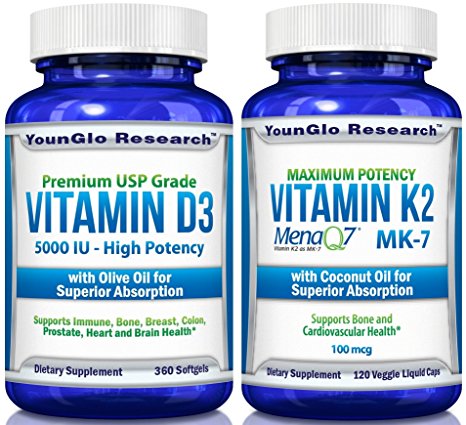 Vitamin D3 K2 Bundle - Vitamin D3 5000 IU plus Vitamin K2 MK7 MenaQ7 - Powerful Health Benefits (1 Bottle of Each)
