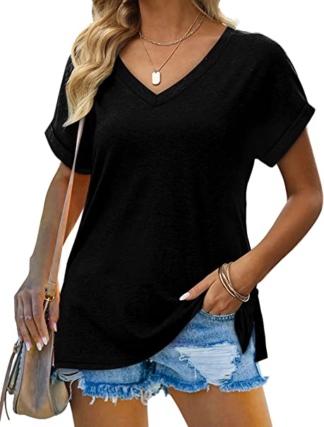 Aokosor Womens Rolled Short Sleeve V Neck Loose Fit T Shirts Tops Side Split