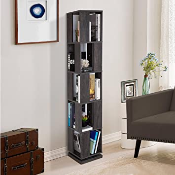 5 Tier Rotating Bookcase Vintage Storage Organizer Industrial Wooden Display Bookshelf with Open Design Storage Rack for Bedroom Living Room Office in Washed Black