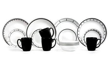 Corelle 16 Piece Vitrelle Glass Livingware Geometric Patterns Dinnerware Set, White and Black