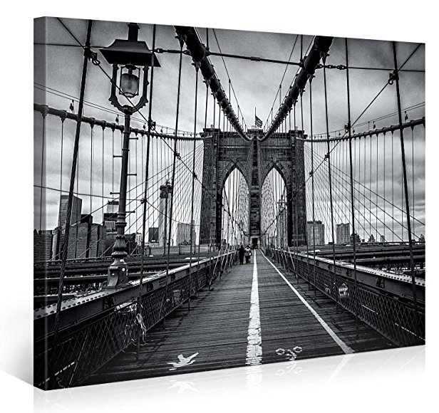 Large Canvas Print Wall Art – BROOKLYN BRIDGE WALK – 40x30 Inch New York Cityscape Canvas Picture Stretched On A Wooden Frame – Giclee Canvas Printing – Hanging Wall Deco Picture / e4262