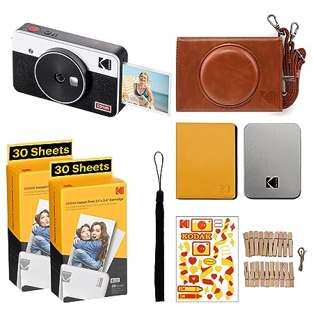 KODAK Mini Shot 2 Retro 4PASS 2-in-1 Instant Camera and Photo Printer (2.1x3.4 inches)   68 Sheets Gift Bundle, White