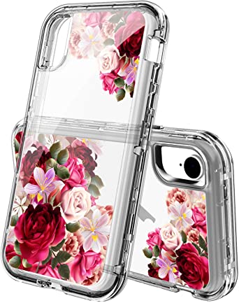 ACKETBOX iPhone Xr Cases，Heavy Duty Hybrid Impact Defender Clear Floral Design for Girls and Women Hard Three Layer Full Body Shockproof Protective Cover for iPhone Xr(Flower-08)
