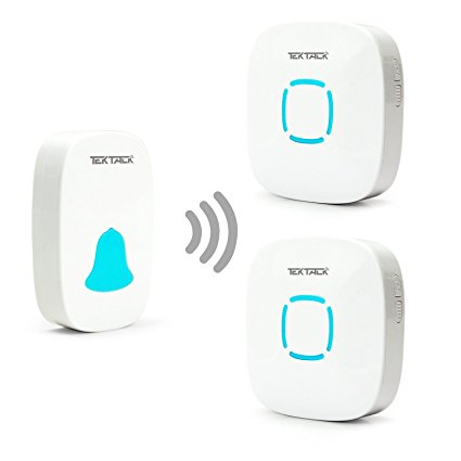 Tektalk Portable Wireless Door Bell Chime and Push Button with 36 Chimes & 4 Volume Levels-White 1 Remote Button and 2 Plug-in Receivers with LED Indicator