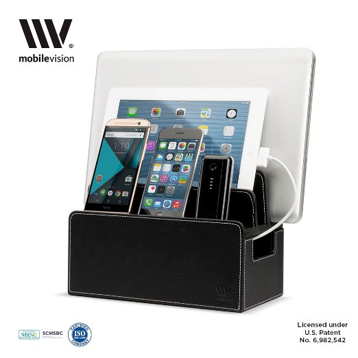 MobileVision Charging Station Black Faux Leather Executive Stand Multi-Device Charging Dock and Desktop Organizer for Smartphones and Tablets like Apple iPhone and iPad Samsung Galaxy Nexus HTC and more