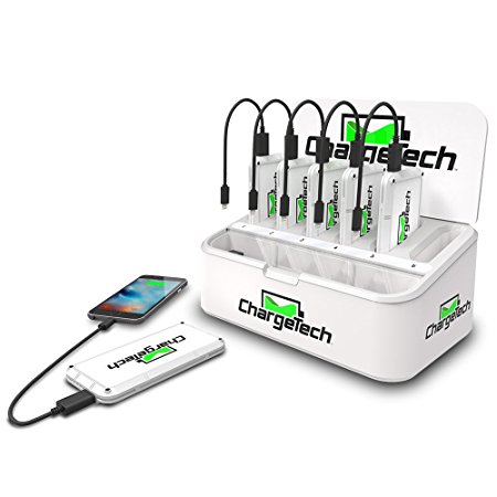 ChargeTech - Battery Pack Dispenser Dock w/ 6 Rechargeable Power Banks and Universal Charging Cables for All Devices: iPhone, iPad, Android, Samsung, etc - Charging Station - (Model: PS6) [White]