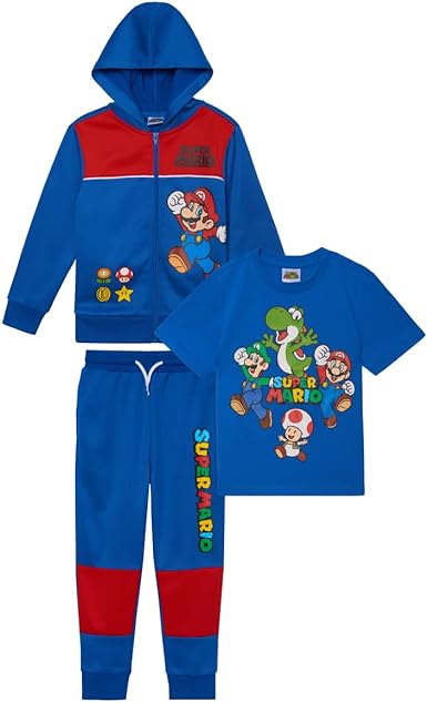 Nintendo Super Mario Boys 3-Piece Set, Super Mario Zip-Up Hoodie, T-shirt, & Pants 3-Pack Bundle Set for Boys