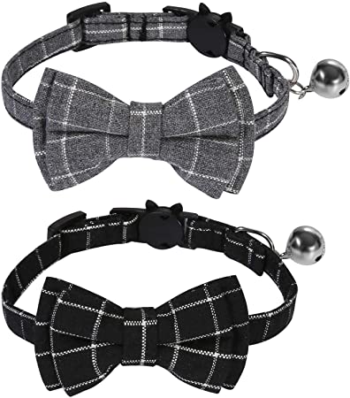 SLSON 2 Pack Breakaway Cat Collar with Bell and Bow Tie Plaid Kitten Collar for Cats and Small Dogs Pets Adjustable from 8-11In, Black and Grey