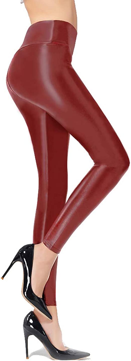 Ginasy Faux Leather Leggings for Women Tummy Control High Waisted Stretch Pleather Pants