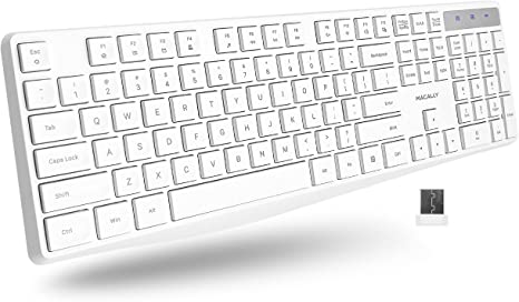 Macally 2.4G USB Wireless Keyboard for Laptop or Computer - Keep it Simple - Full Size Keyboard with Numeric Keypad & 13 Shortcut Keys - Plug and Play Chrome or PC Keyboard Wireless - White