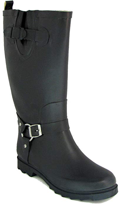 RB Women's Black Rubber Rain Boots Harness Motocycle Mid-calf Wellies Knee High Snow Boots
