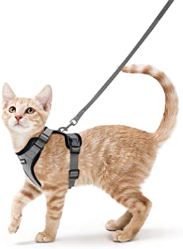 rabbitgoo Cat Harness and Leash for Walking, Escape Proof Soft Adjustable Vest Harnesses for Cats, Easy Control Breathable Reflective Strips Jacket, Grey, S(Chest: 18" - 20")