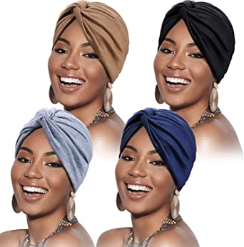 SATINIOR 4 Pieces Turbans for Women Soft Pre Tied Knot Fashion Pleated Turban Cap Beanie Headwrap Sleep Hat, 4 Colors