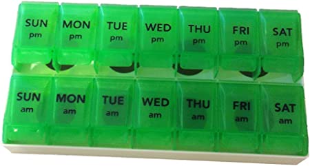 Apex 7- Day Push to Open Pill Organizer, 1x Per Day or AM/PM (AM/PM with Tray, Green)