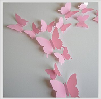 Romantiko 12 Pcs Fashion 3D Butterfly Wall Stickers Art Decor Decal For Home Wedding Party Pink