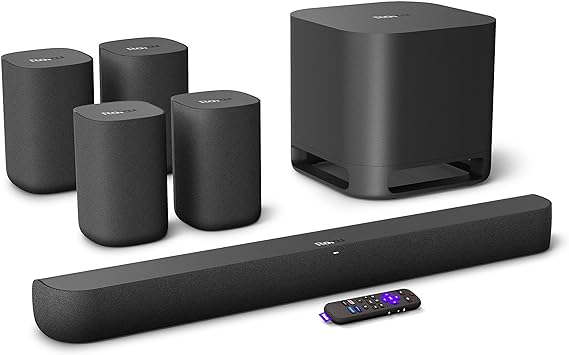 Roku Streambar Pro & Full Surround Sound Set | 4K HDR Streaming Device & Cinematic Soundbar All in One, Four Wireless TV Speakers, Wireless Pro Subwoofer, Enhanced Roku Voice Remote, Free & Live TV