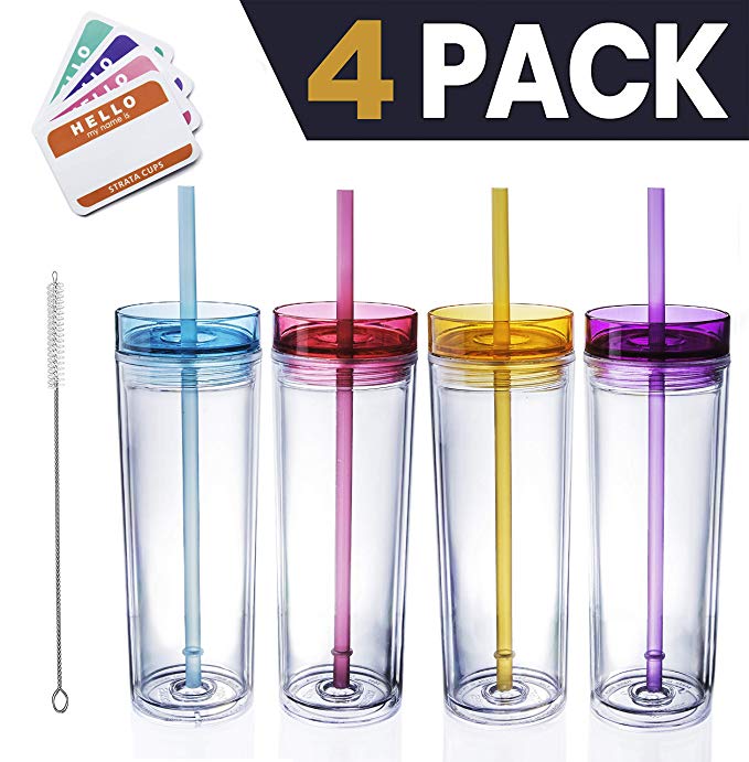 SKINNY TUMBLERS 4 Colored Acrylic Tumblers with Lids and Straws | Skinny, 16oz Double Wall Clear Plastic Tumblers With FREE Straw Cleaner & Name Tags! Reusable Cup With Straw (Multicolors, 4)