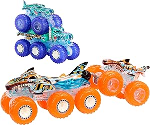 Hot Wheels Monster Trucks Toy Truck & Big Rig Multipack, 1:64 Scale Mega-Wrex & Tiger Shark with Big Rigs in Matching Power Smashers Deco