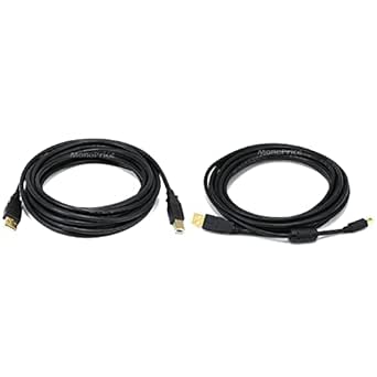 Monoprice 15-Feet USB 2.0 A Male to B Male 28/24AWG Cable (Gold Plated) (105440),Black & 15-Feet USB 2.0 A Male to Mini-B 5pin Male 28/24AWG Cable with Ferrite Core (Gold Plated) (105450),Black