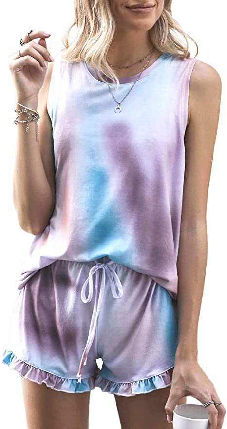 DIASHINY Womens Sleeveless Sleepwear Tie Dye Printed Pajama Set Loungewear Shirt with Shorts