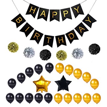 Monopril Birthday Party Black and Gold Decorations, Include Banner Balloons and Pom Poms Flowers, Perfect for Adult