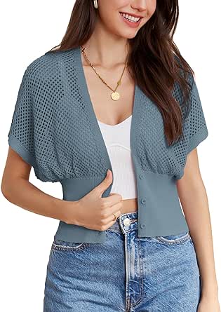 GRACE KARIN 2024 Women Short Sleeve Crochet Cardigan Summer Draped V-Neck Bolero Shrug Sweater Hollow Out Beach Cover Up