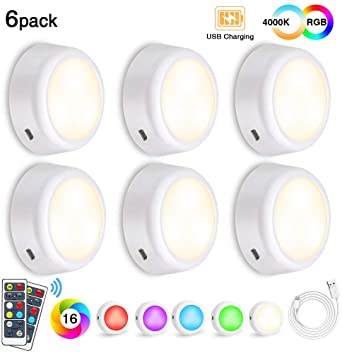Under Cabinet Lights SOLMORE 6 Pcs RGB Dimmable LED Cupboard Lighting Night Lights, Rechargeable with Remote Control, 4 Colors, 3 Lighting Modes and Timing Functions for Kitchen, Corridors, Cabinets