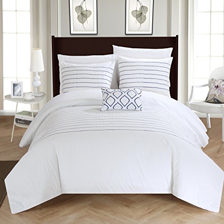 Chic Home 4 Piece Bea Super Soft Microfiber Stitch Embroidered Duvet Cover Set Shams and Decorative Pillow, Queen, White