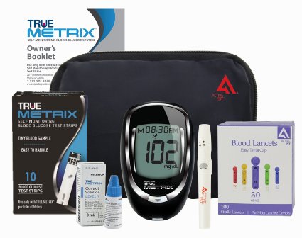 Active1st TrueMetrix Complete Diabetic Blood Glucose Testing Kit, 10 Test Strips, 100 Lancets, Adjustable Lancing Device, Control Solution, Owners Log Book & Manual