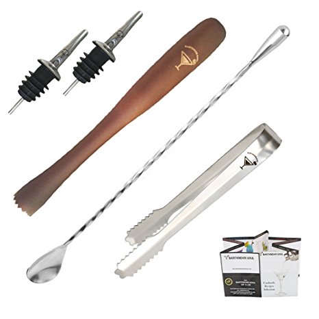Bartender Cocktails Bar Tools Set - Professional Weighted 12'' Bar Spoon, Wooden 10'' Muddler, 2 Pourers & Ice Tongs. Recipes Pocket Book Included. Premium Complement for Shakers.