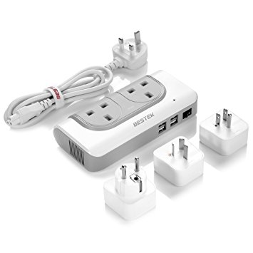 BESTEK MRJ203NU Power Converter Voltage Transformer 110V to 230V Travel Charger Adaptor, Dual Extension Socket with 4.2A 4-Port USB and UK/AU/US/EU International Adapter Plugs