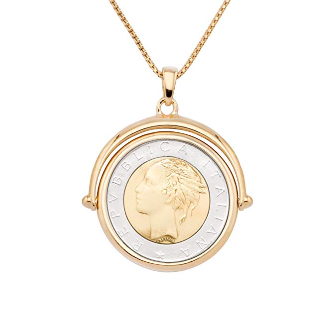 MiaBella 18K Gold Over Sterling Silver Italian Genuine 500 Lira Coin Flip Pendant Necklace for Women 18", 20" Chain