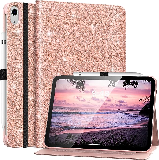 MoKo Case for iPad 10th Generation iPad 10.9 Inch Case 2022, iPad Case 10th Generation [Multi-Angle Viewing] Smart Cover with Hand Strap, Support Touch ID&Auto Wake/Sleep, Glitter Pink