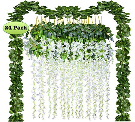 24 Pack Artificial Fake Wisteria Vine Rattan Hanging Garland Silk Flowers String and Ivy Leaf Foliage for Home Kitchen Garden Office Wedding Wall Decor (white, 24)