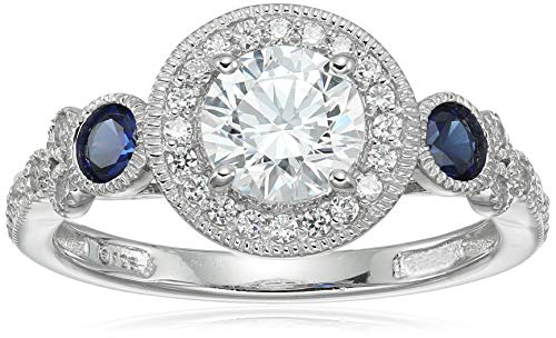 Platinum-Plated Sterling Silver Swarovski Zirconia Antique Round-Cut and Created Sapphire Ring