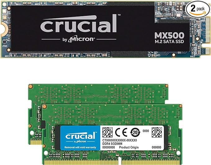 Crucial MX500 1TB M.2 SATA 6Gb SSD CT1000MX500SSD4 Bundle with 32GB (2 x 16GB) DDR4 PC4-21300 2666MHz Memory Kit CT2K16G48FD8266 Compatible with Laptops and Notebooks