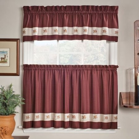 Embroidered Mini-Plaid Pair of Tiers - Perfect Plaid Tier Curtains for Kitchen, Bathroom, and Bedroom - Small Check Plaid with Acorn Embroidery (24" Pair of Tiers), Red